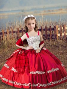 Trendy Coral Red Lace Up Straps Beading and Embroidery Little Girls Pageant Dress Wholesale Satin Sleeveless