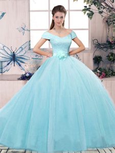 Best Selling Aqua Blue Short Sleeves Tulle Lace Up Quinceanera Gowns for Military Ball and Sweet 16 and Quinceanera