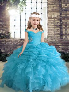 Blue Ball Gowns Straps Sleeveless Organza Floor Length Lace Up Beading and Ruffles and Pick Ups Little Girls Pageant Gowns
