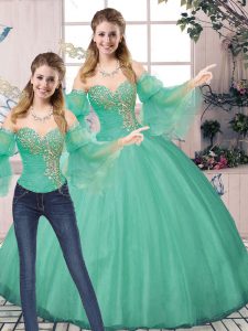 Turquoise Sleeveless Tulle Lace Up Vestidos de Quinceanera for Sweet 16 and Quinceanera