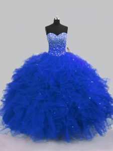 Stylish Beading and Ruffles Quinceanera Gown Royal Blue Lace Up Sleeveless Floor Length