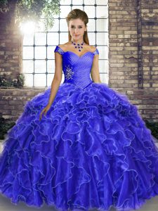 Sleeveless Organza Brush Train Lace Up Quinceanera Gown in Royal Blue with Beading and Ruffles