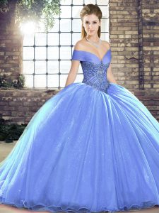 Off The Shoulder Sleeveless Organza Quince Ball Gowns Beading Brush Train Lace Up