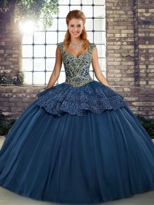 Navy Blue Ball Gowns Straps Sleeveless Tulle Floor Length Lace Up Beading and Appliques Sweet 16 Quinceanera Dress