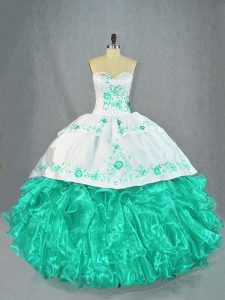 Turquoise Organza Lace Up Sweetheart Sleeveless Floor Length 15 Quinceanera Dress Embroidery and Ruffles