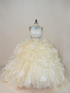Champagne Sleeveless Brush Train Beading and Lace Sweet 16 Quinceanera Dress