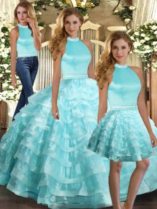Vintage Floor Length Aqua Blue Quinceanera Gowns Organza Sleeveless Ruffled Layers