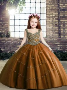 Unique Brown Ball Gowns Straps Sleeveless Tulle Floor Length Lace Up Beading Little Girls Pageant Gowns