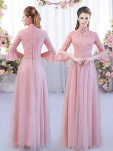3 4 Length Sleeve Tulle Floor Length Zipper Quinceanera Dama Dress in Pink with Lace