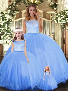 Blue Sleeveless Floor Length Lace Clasp Handle Quinceanera Dress