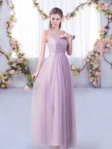 Floor Length Lavender Damas Dress V-neck Sleeveless Side Zipper