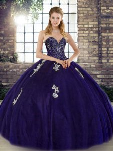 Custom Made Floor Length Lace Up Sweet 16 Quinceanera Dress Purple for Military Ball and Sweet 16 and Quinceanera with Beading and Appliques