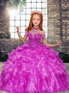 Lilac Ball Gowns Beading and Ruffles Little Girls Pageant Dress Wholesale Lace Up Organza Sleeveless Floor Length