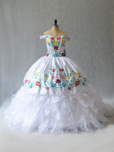 Sweet White Organza Lace Up Off The Shoulder Sleeveless Floor Length Sweet 16 Dress Embroidery