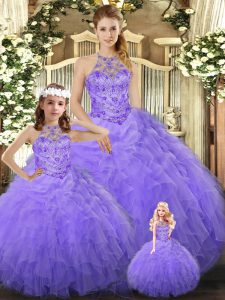 Lavender Tulle Lace Up 15th Birthday Dress Sleeveless Floor Length Beading and Ruffles