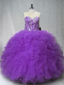 Custom Fit Floor Length Lace Up Quince Ball Gowns Purple for Sweet 16 and Quinceanera with Beading and Ruffles