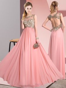 Floor Length Pink Quinceanera Court Dresses Scoop Sleeveless Backless