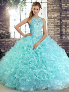 Perfect Aqua Blue Sleeveless Floor Length Beading Lace Up Quinceanera Gown