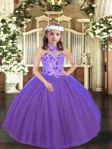 Sleeveless Floor Length Appliques Lace Up Pageant Gowns For Girls with Purple