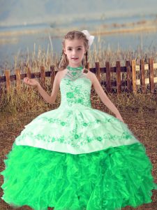 Superior Green Organza Lace Up Halter Top Sleeveless Floor Length Kids Pageant Dress Beading and Embroidery and Ruffles