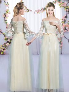 Lace and Bowknot Dama Dress Champagne Lace Up 3 4 Length Sleeve Floor Length