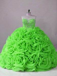 Sweet Fabric With Rolling Flowers Lace Up Quinceanera Dresses Sleeveless Brush Train Beading
