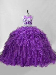 Organza Sleeveless 15 Quinceanera Dress Brush Train and Beading and Ruffles