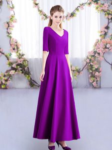 Fitting Eggplant Purple Empire Satin V-neck Half Sleeves Ruching Ankle Length Zipper Quinceanera Court Dresses