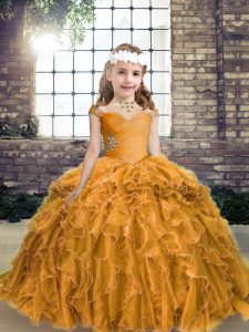 High Class Gold Straps Lace Up Beading and Ruffles Little Girls Pageant Dress Sleeveless