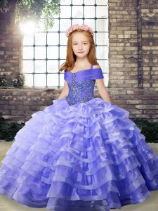 Dramatic Lavender Sleeveless Beading and Ruffled Layers Lace Up Pageant Gowns For Girls