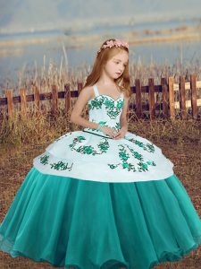 Dramatic Teal Lace Up Kids Formal Wear Embroidery Sleeveless Floor Length