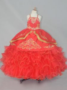 Red Organza Lace Up Straps Sleeveless Floor Length Little Girl Pageant Dress Embroidery and Ruffled Layers