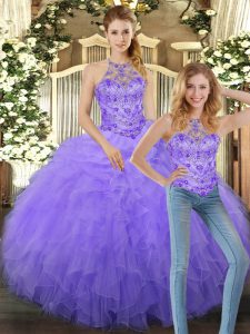 Fashion Floor Length Lavender Quinceanera Gown Tulle Sleeveless Beading and Ruffles