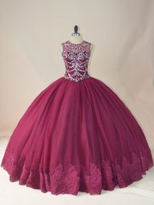 Dazzling Long Sleeves Tulle Floor Length Lace Up Sweet 16 Dress in Burgundy with Beading and Appliques