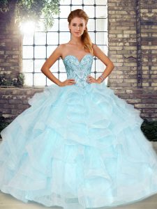 Custom Design Tulle Sleeveless Floor Length Sweet 16 Dresses and Beading and Ruffles