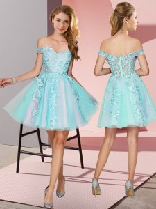 Classical Aqua Blue Zipper Dama Dress Lace Sleeveless Mini Length