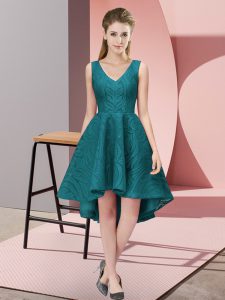 Stylish Lace V-neck Sleeveless Zipper Lace Dama Dress for Quinceanera in Teal