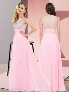 Baby Pink Empire Scoop Sleeveless Chiffon Floor Length Side Zipper Beading Quinceanera Dama Dress