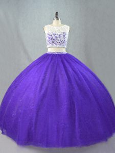 Purple Two Pieces Scoop Sleeveless Tulle Floor Length Zipper Appliques Quince Ball Gowns