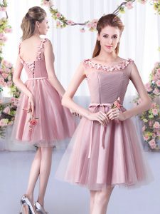 Pink Lace Up Scoop Appliques and Belt Vestidos de Damas Tulle Sleeveless