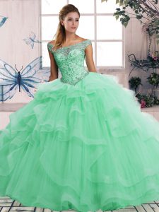Off The Shoulder Sleeveless Quinceanera Gowns Floor Length Beading and Ruffles Apple Green Tulle