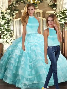 Best Selling Floor Length Aqua Blue Sweet 16 Quinceanera Dress Halter Top Sleeveless Backless