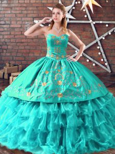 Glittering Sleeveless Embroidery and Ruffled Layers Lace Up Quinceanera Dresses with Aqua Blue