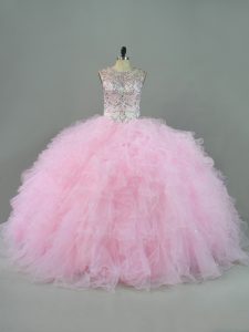 Sumptuous Baby Pink Scoop Neckline Beading and Ruffles Vestidos de Quinceanera Sleeveless Lace Up