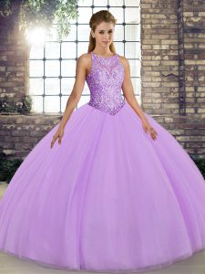 High Class Lavender Ball Gowns Tulle Scoop Sleeveless Embroidery Floor Length Lace Up Ball Gown Prom Dress