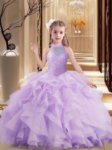 Lavender High-neck Neckline Beading and Ruffles Kids Formal Wear Sleeveless Lace Up