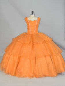 Cheap Organza Straps Sleeveless Lace Up Beading and Ruffled Layers and Ruching Vestidos de Quinceanera in Orange