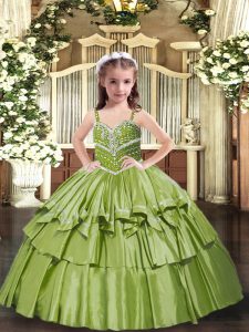 Discount Olive Green Straps Neckline Beading and Ruffled Layers Little Girl Pageant Dress Sleeveless Lace Up