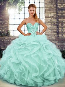 Modest Floor Length Apple Green Quince Ball Gowns Tulle Sleeveless Beading and Ruffles
