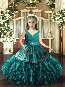 Teal Ball Gowns V-neck Sleeveless Organza Floor Length Backless Beading and Appliques and Ruffles Pageant Gowns For Girls